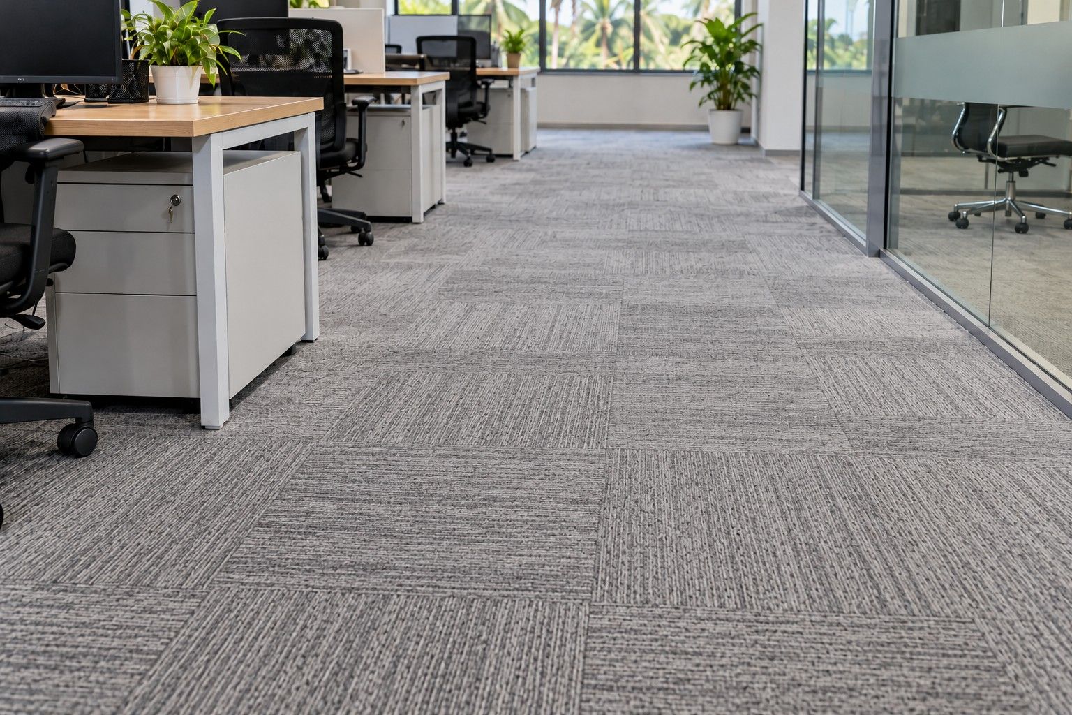 The same office carpet after deep cleaning, even and clean