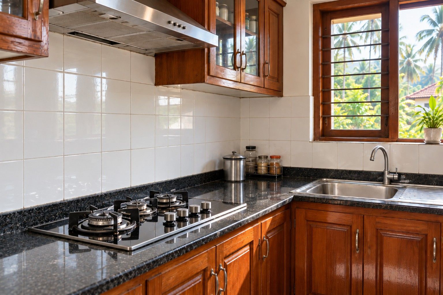 The same kitchen counter and hob after deep cleaning, spotless and bright