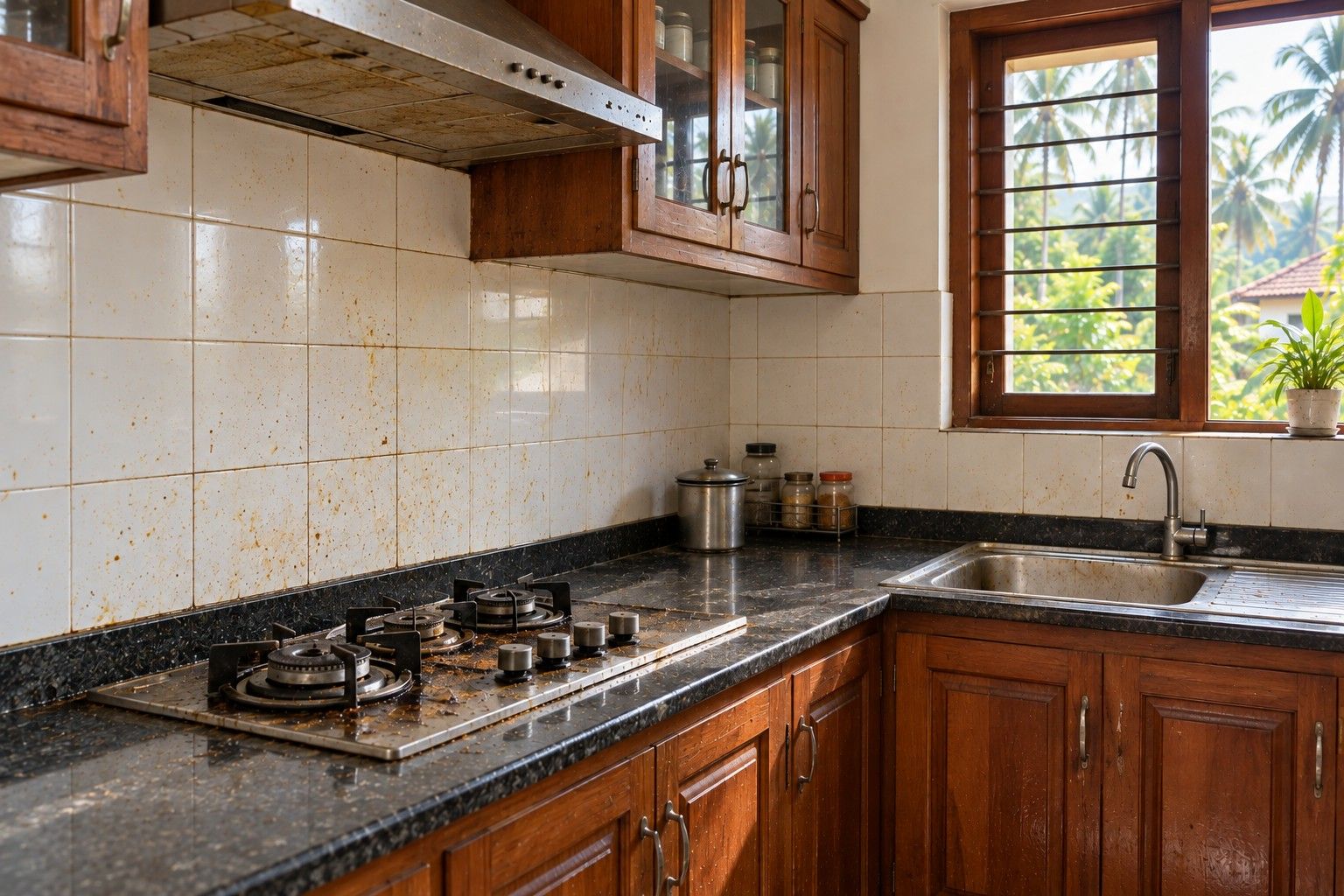A greasy, stained Kerala kitchen counter and hob before deep cleaning