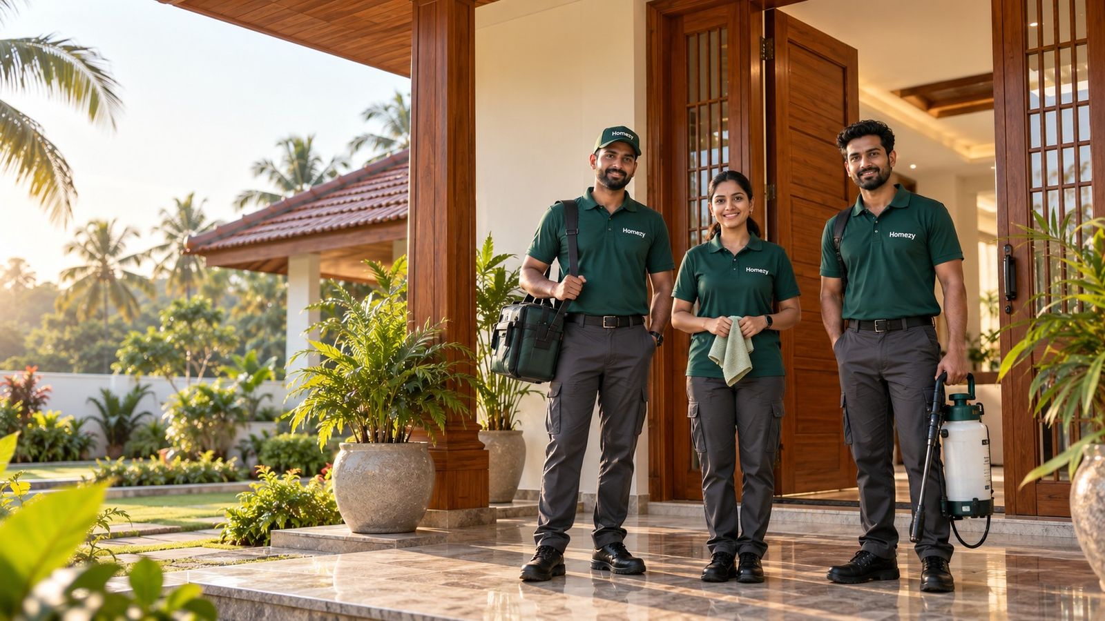 A Homezy van and staff arriving at a traditional Kerala home