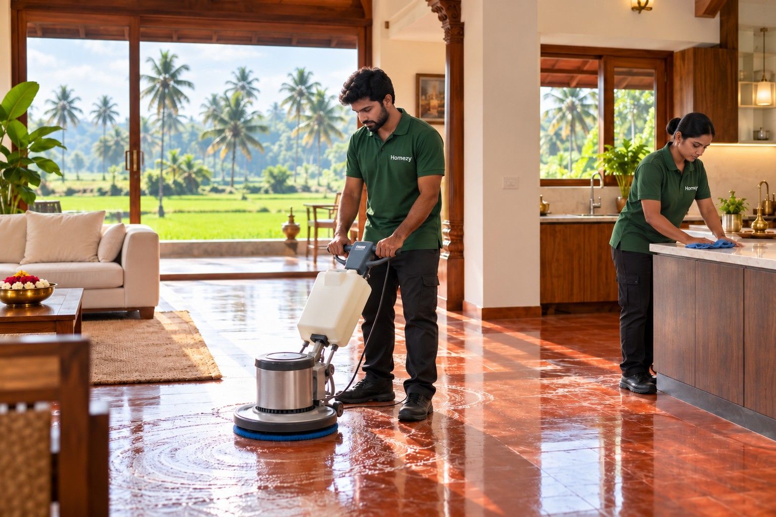 Homezy staff polishing the floor of a bright Kerala living room