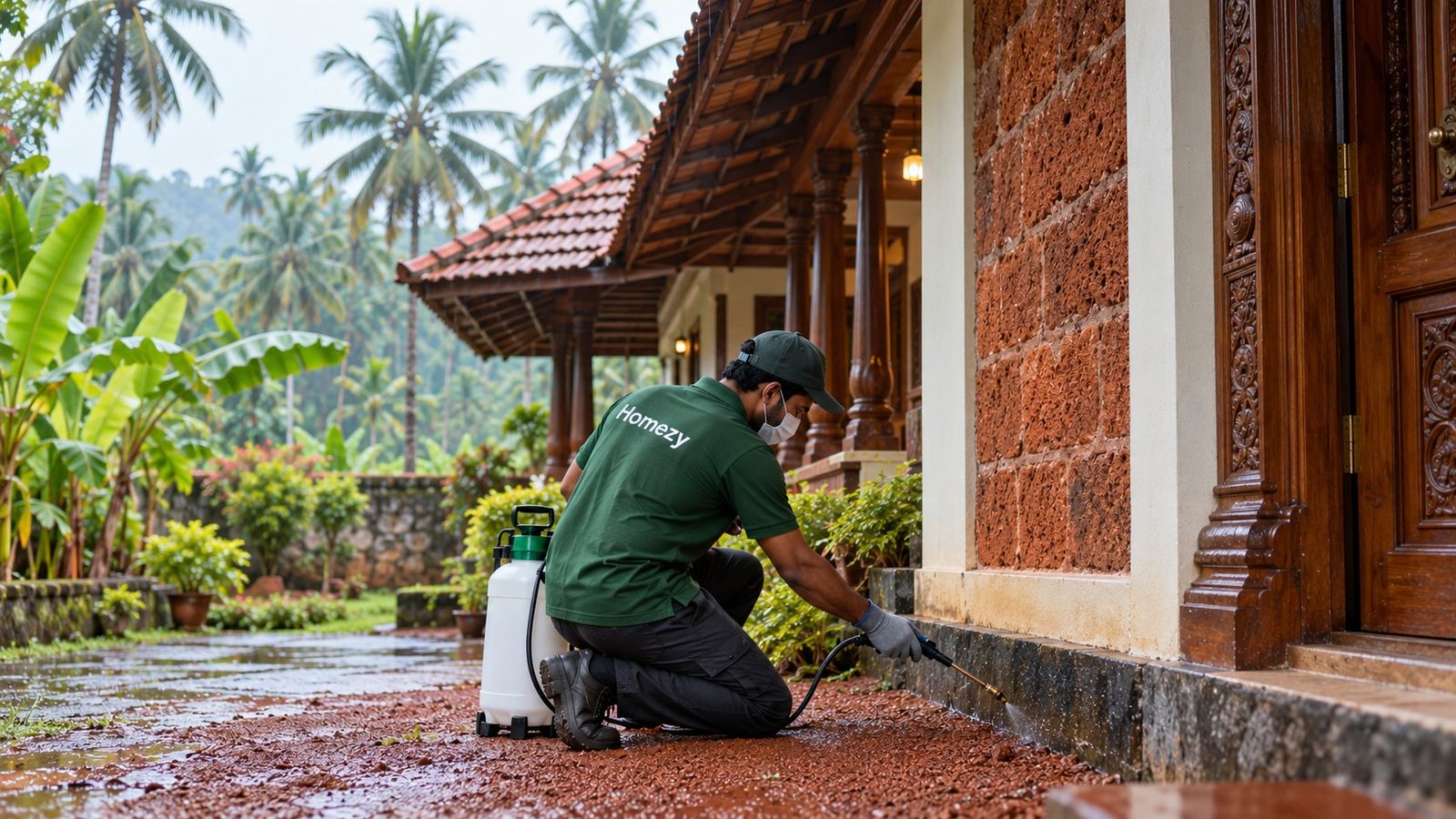 Pest control technician protecting the foundation of a house