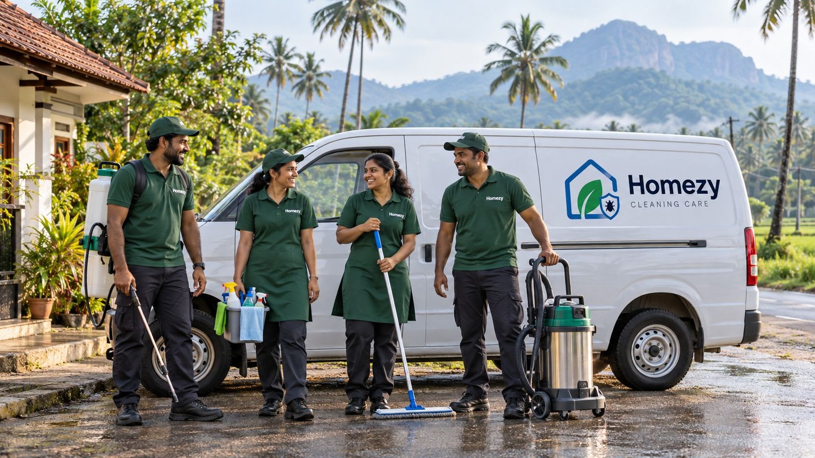 The Homezy team in green uniforms in front of a service van